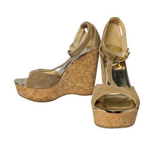 Jimmy Choo Tan Suede Cork Platform Wedge Pela Sandals - Size - Picture 4 of 7